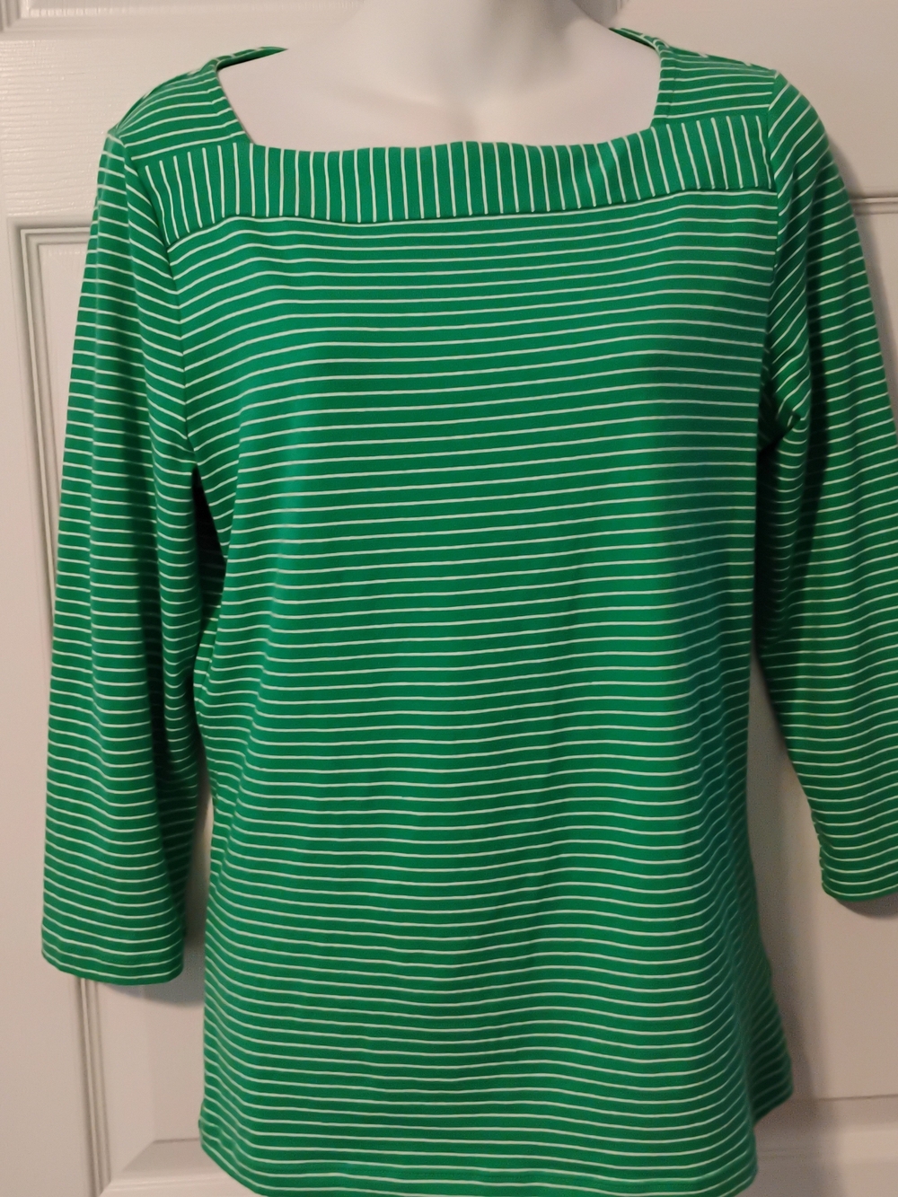 Chaps Green and White Striped Long Sleeve Top